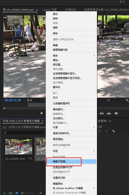 premiere视频怎么创建子剪辑并编辑